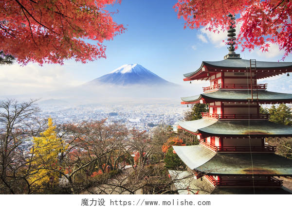 日本蓝天背景下的富士山圣山日本旅游图片